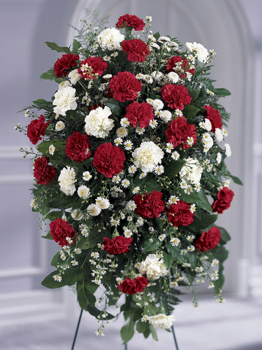 Red and white carnation standing spray with greenery displayed on an easel